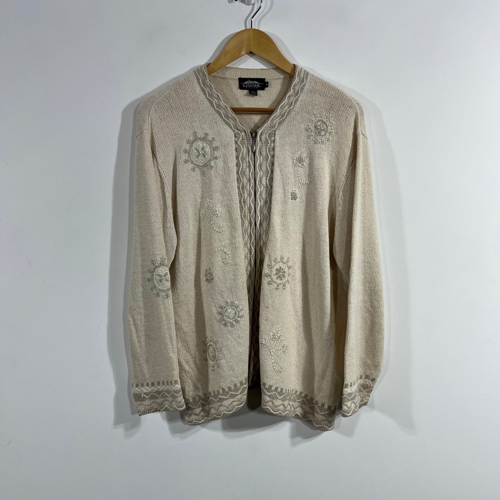 Icelandic Design Boho Artsy Celestial Cream Linen Cotton Embroidered Cardigan XL